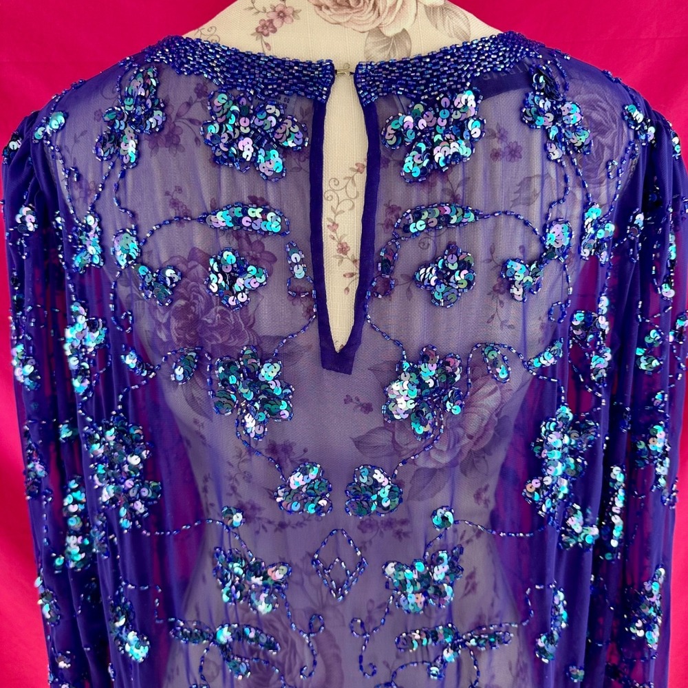 Sequin Beaded Sheer Purple Tunic Top XL Vintage Y2K Lillie Rubin‎ Glam Party - Picture 12 of 17